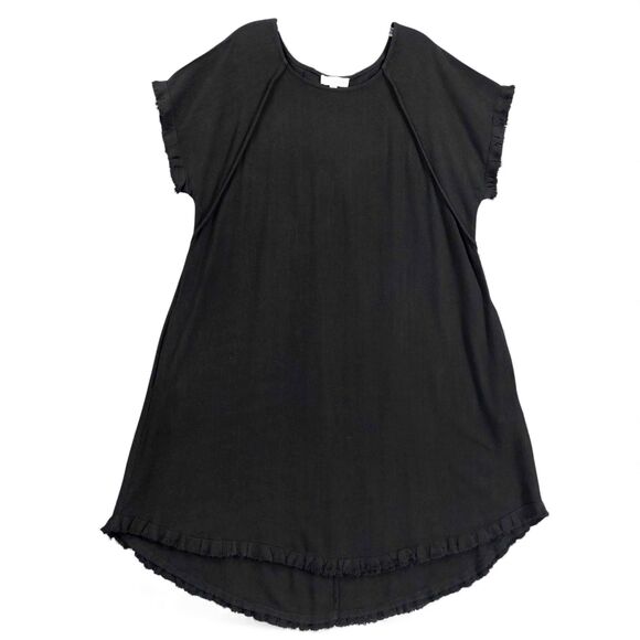 Umgee USA Black Linen Blend Dress Sz XL Raw Hem Cap Sleeve Boho Seam Details - Picture 1 of 7